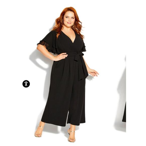City Chic Plus Size Flutter Sleeve Wide Leg Jumpsuit Black Size Large 20 - Picture 1 of 11